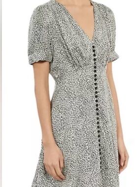 The Kooples Black and White Speckled V-Neck Button-Front Midi Dress
